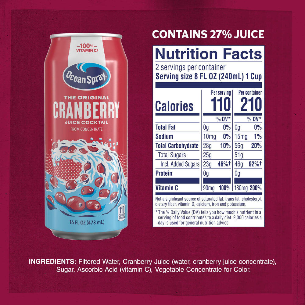 Close-up of Ocean Spray Cranberry Juice Cocktail label highlighting vitamin C content.