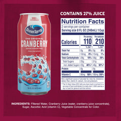 Close-up of Ocean Spray Cranberry Juice Cocktail label highlighting vitamin C content.