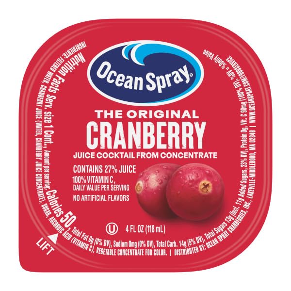 Close-up of Ocean Spray label on Cranberry Juice Cocktail Cup pack.