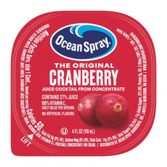 Close-up of Ocean Spray label on Cranberry Juice Cocktail Cup pack.