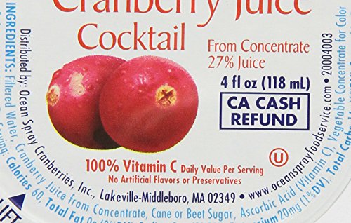 Nutrition panel on Ocean Spray Cranberry Juice Cocktail Cup showing ingredients