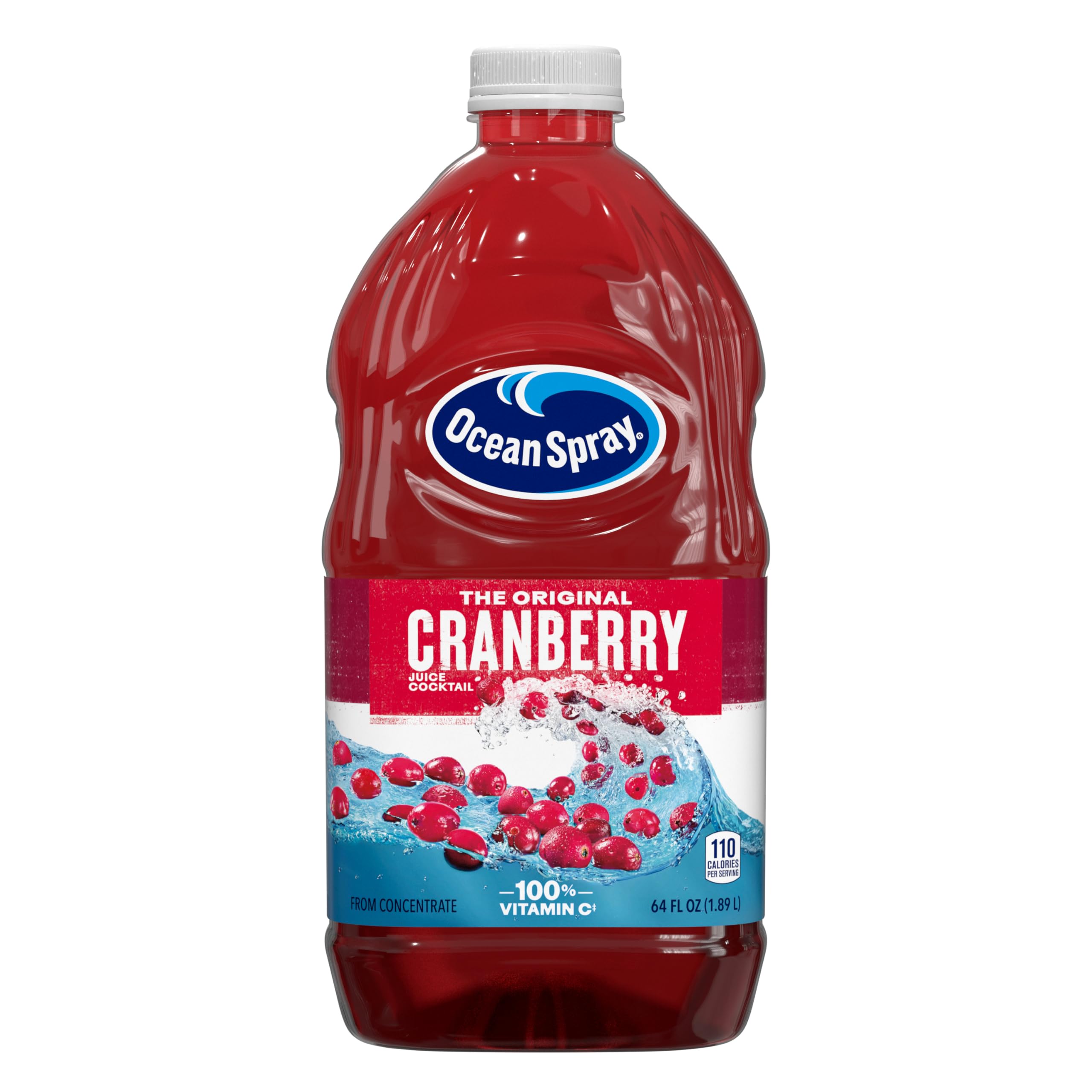 Ocean Spray Cranberry Juice Cocktail glass with ice highlights crisp cranberry flavor.