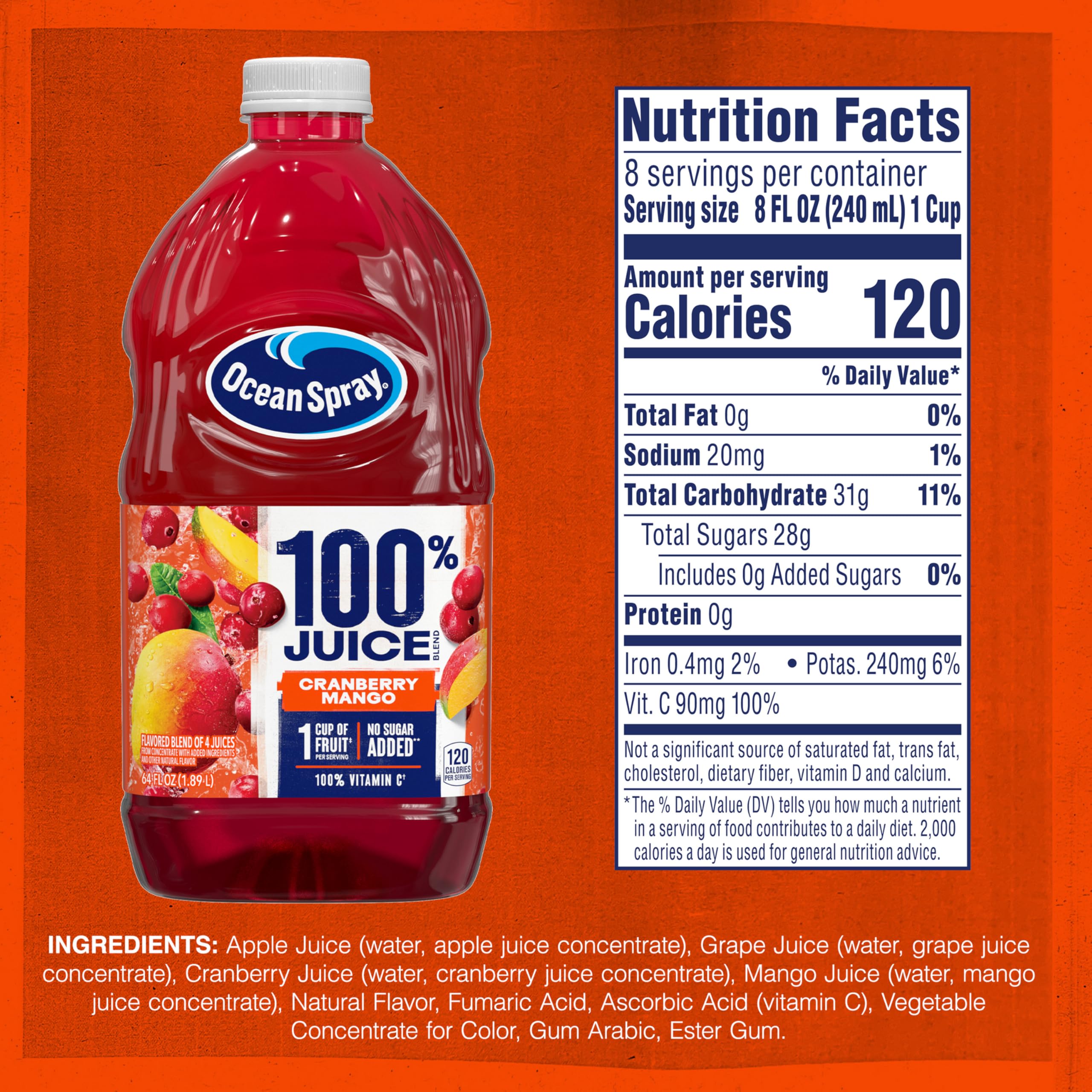 Ocean Spray cranberry mango bottle being poured into a glass.