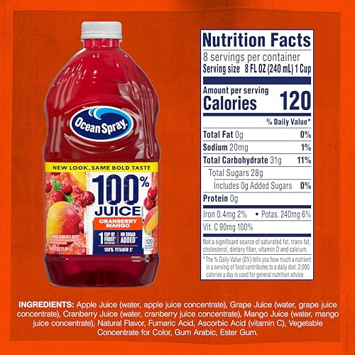 Close-up of Ocean Spray cranberry mango ingredients blend of four juices.