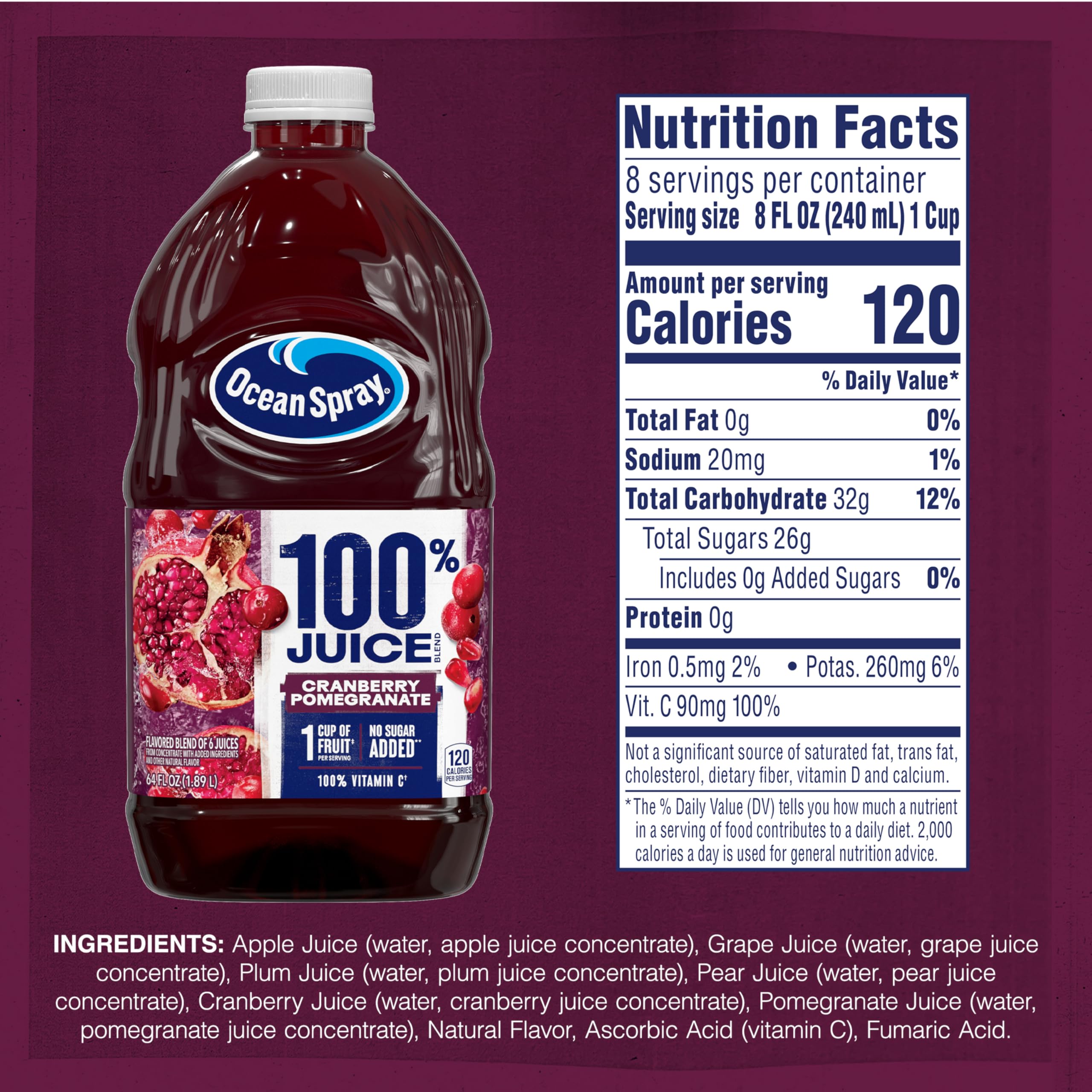 Ocean Spray Cranberry Pomegranate juice pour over glass with ice.