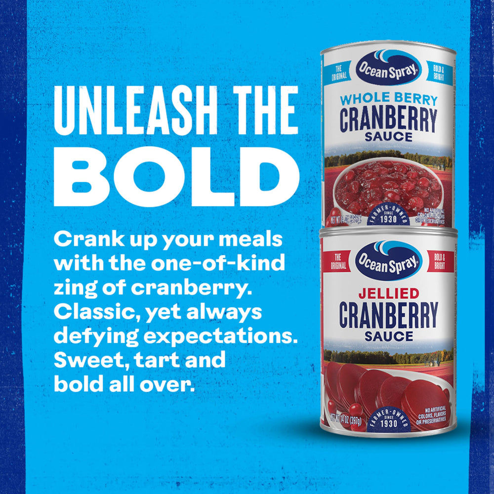 Ocean Spray Cranberry Sauce in a glass serving bowl at a festive table