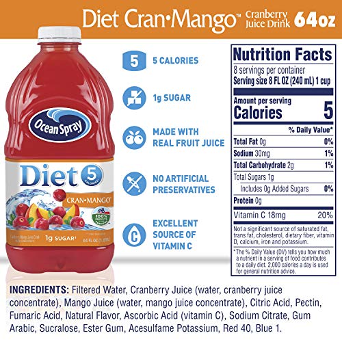 Closeup of Ocean Spray Diet Cran-Mango label with bold branding.