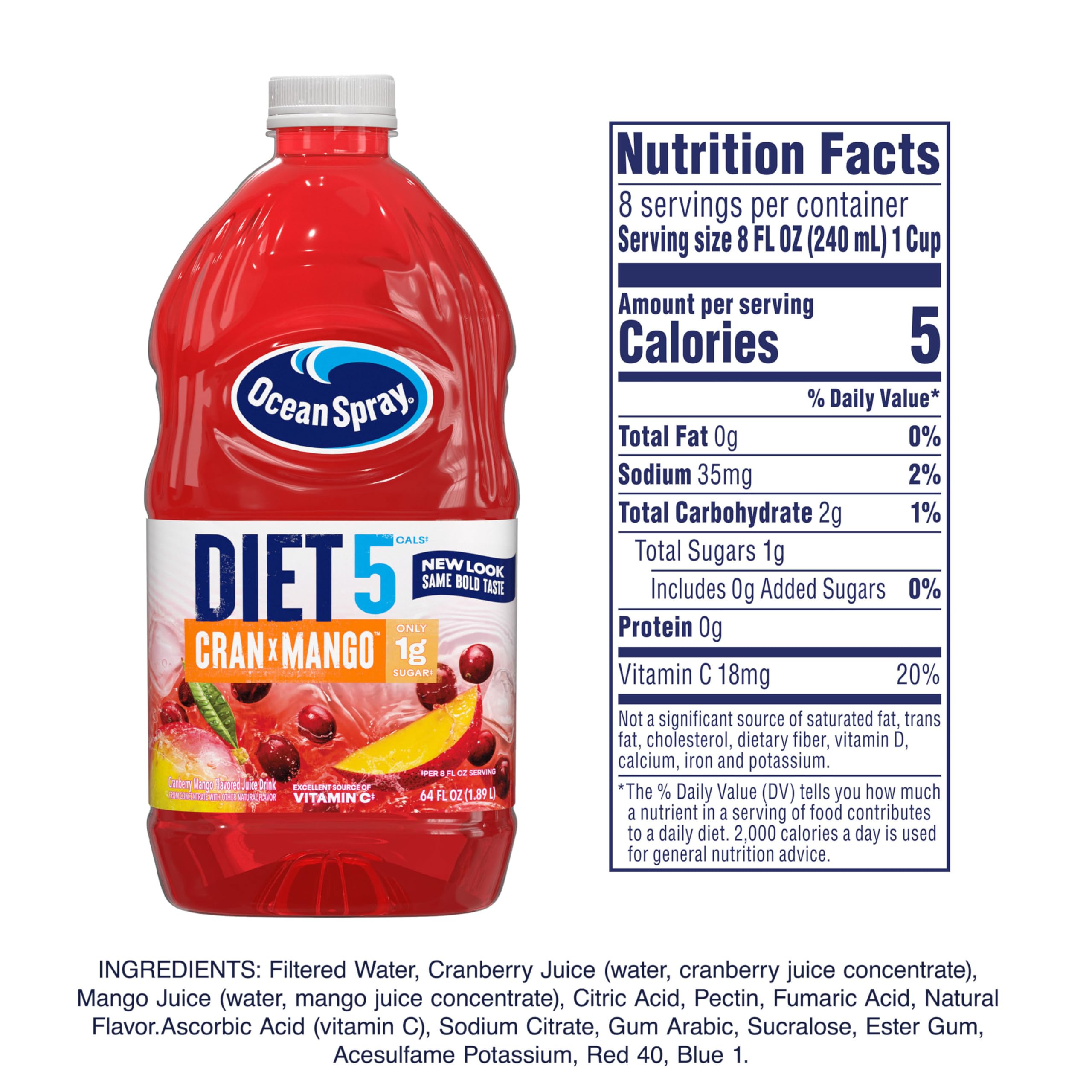 Ocean Spray Diet Cran-Mango being poured into a glass for a refreshing low-calorie drink.