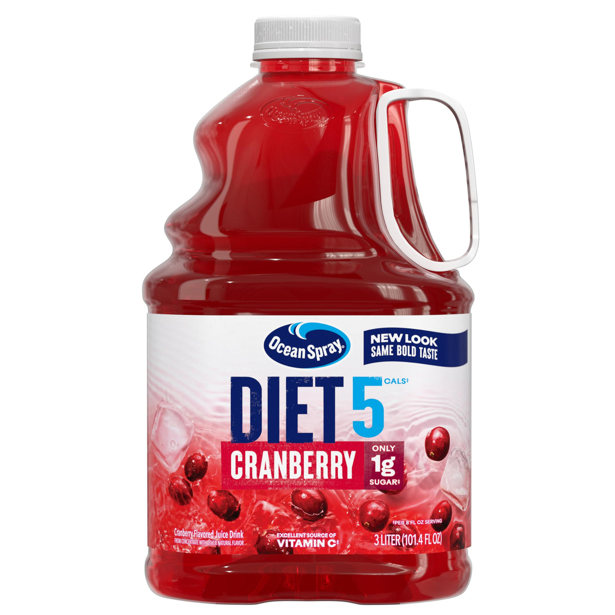 Ocean Spray Diet Cranberry Juice Drink bottle highlights crisp flavor with low calories per serving.