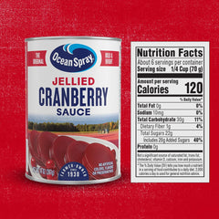 Ocean Spray Jellied Cranberry Sauce label closeup showing real cranberries and no artificial flavors