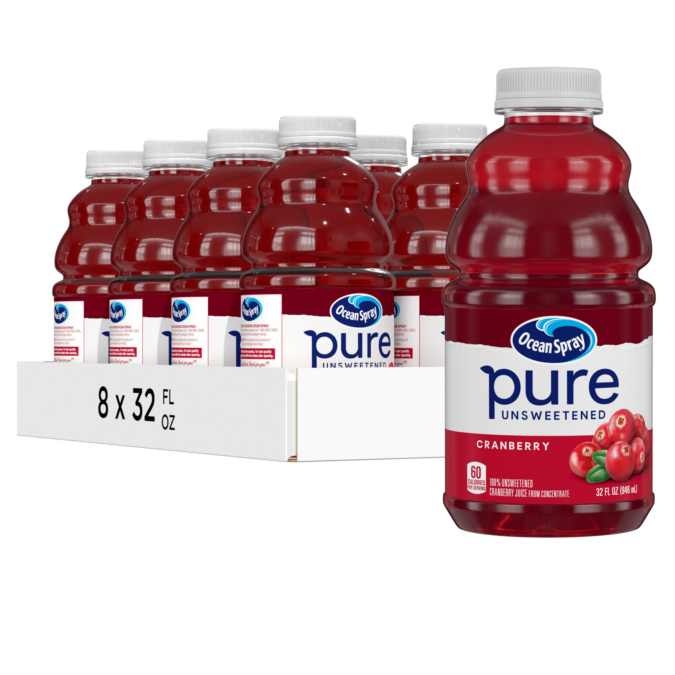 Ocean Spray Pure Unsweetened Cranberry juice bottle pour shows bold tart flavor for mocktails.