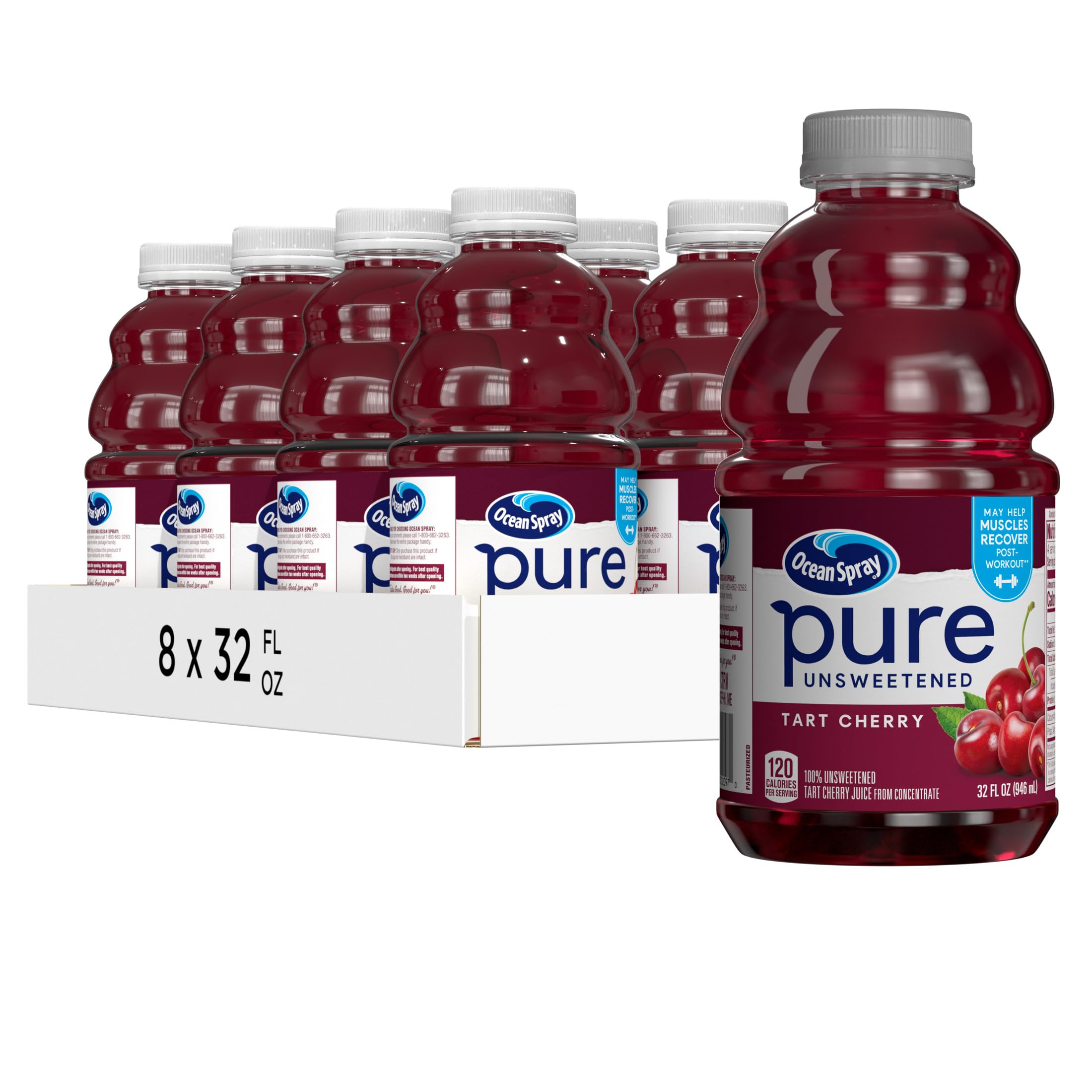 Ocean Spray Pure Unsweetened Tart Cherry Juice bottle front showing 100% fruit juice
