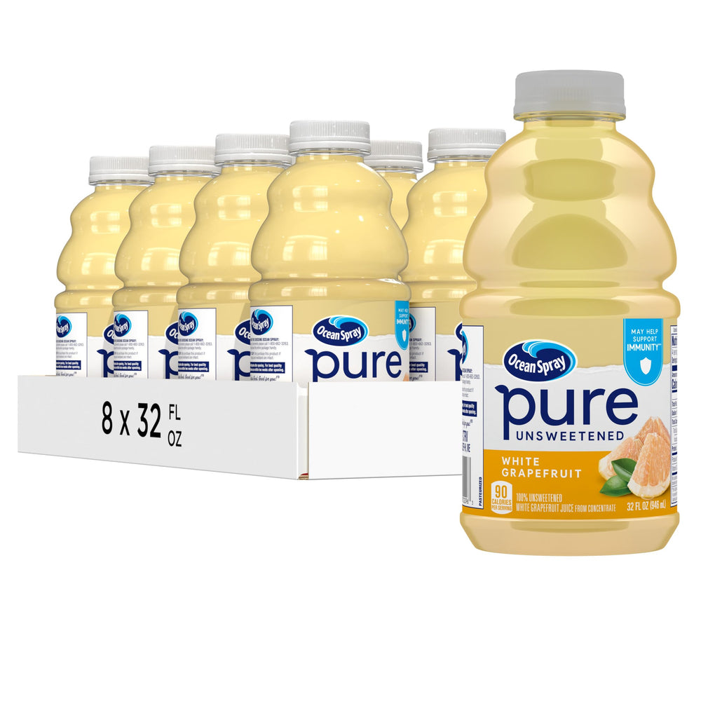 Ocean Spray Pure Unsweetened White Grapefruit Juice bottle front view, eight-pack, ideal for cocktails.