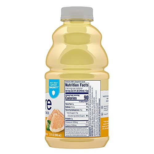 Ocean Spray Pure Unsweetened White Grapefruit Juice bottle side view, eight 32 oz bottles.