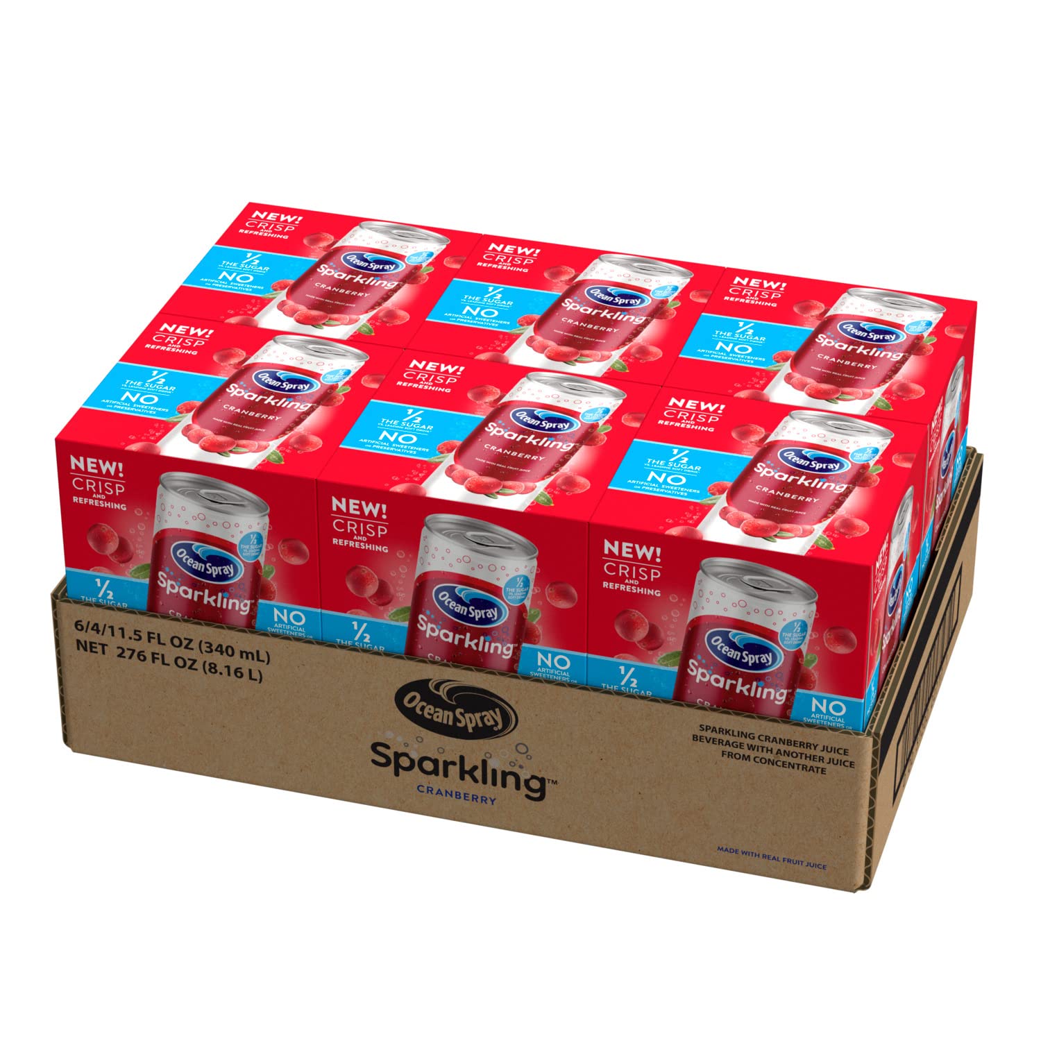 Ocean Spray Sparkling Cranberry label close-up, emphasizing no high fructose corn syrup claim.