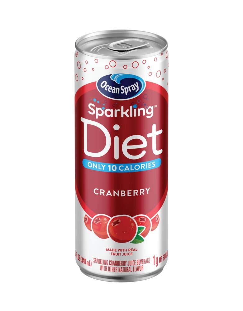 Ocean Spray Sparkling Diet Cranberry can front view highlights a low-calorie refreshment option.