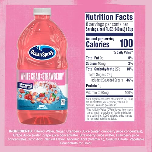 Ocean Spray White Cran-Strawberry label closeup shows no high fructose corn syrup.