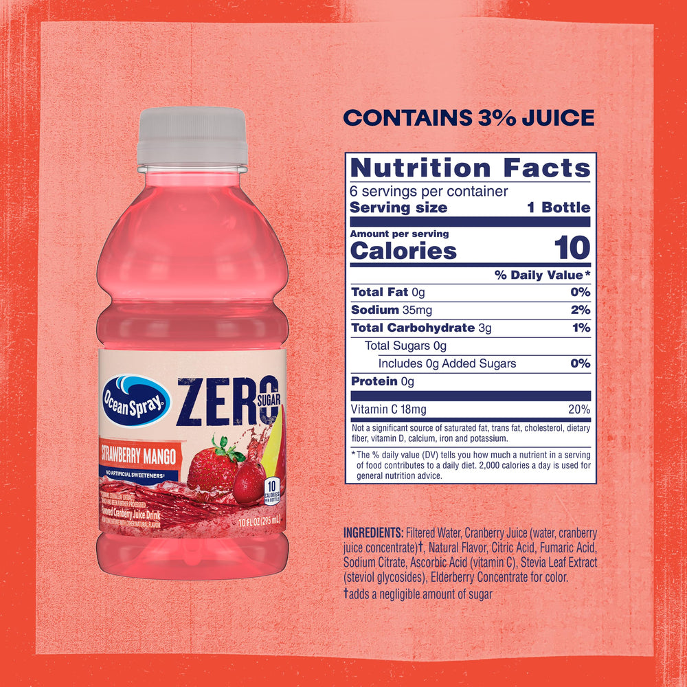 Ocean Spray ZERO Sugar Strawberry Mango bottle back shows zero sugar and stevia sweetness.