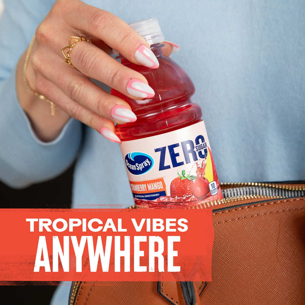 Ocean Spray ZERO Sugar Strawberry Mango glass pour reveals vibrant berry-mango aroma.