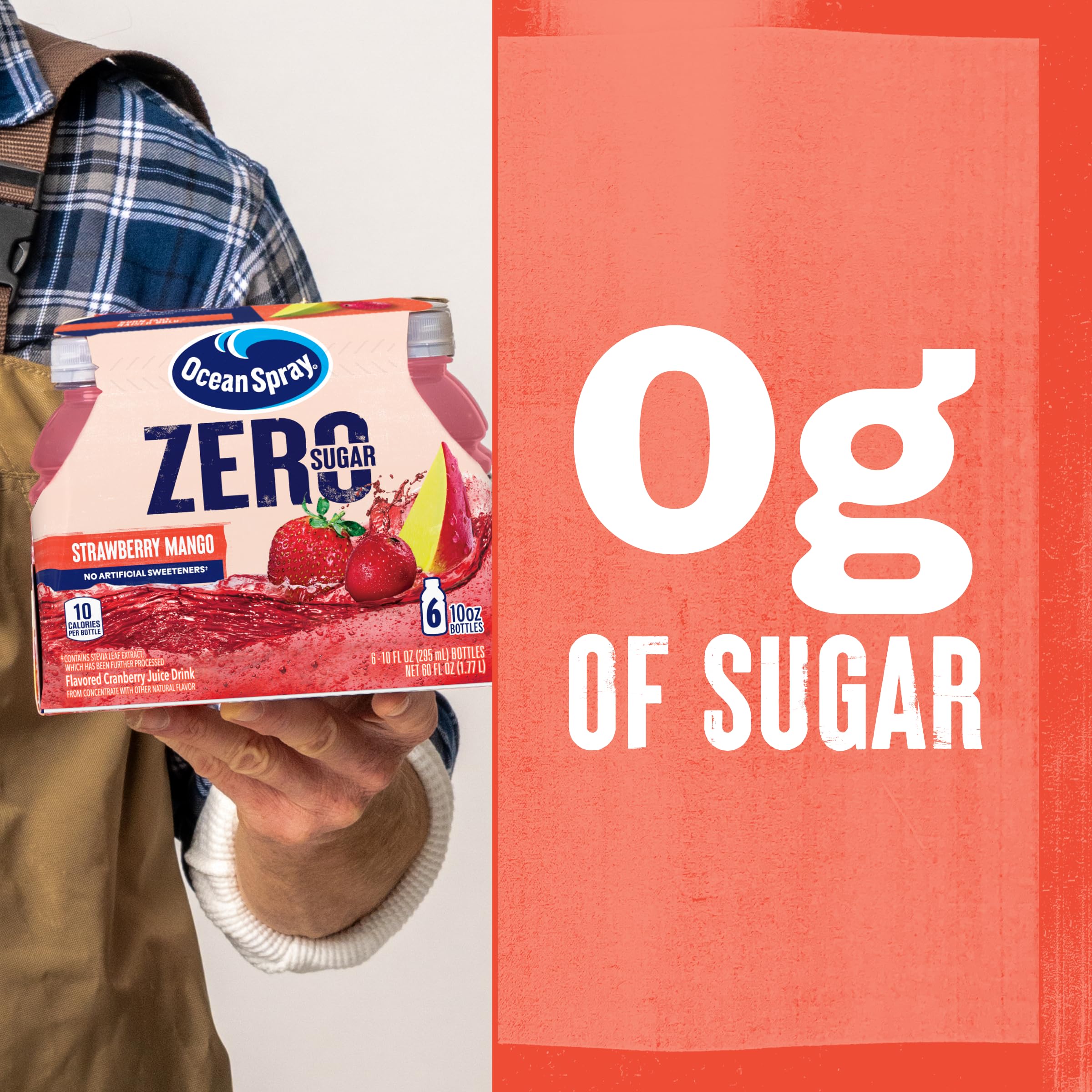 Ocean Spray ZERO Sugar Strawberry Mango packaging closeup emphasizes bold, fruit-forward flavor.
