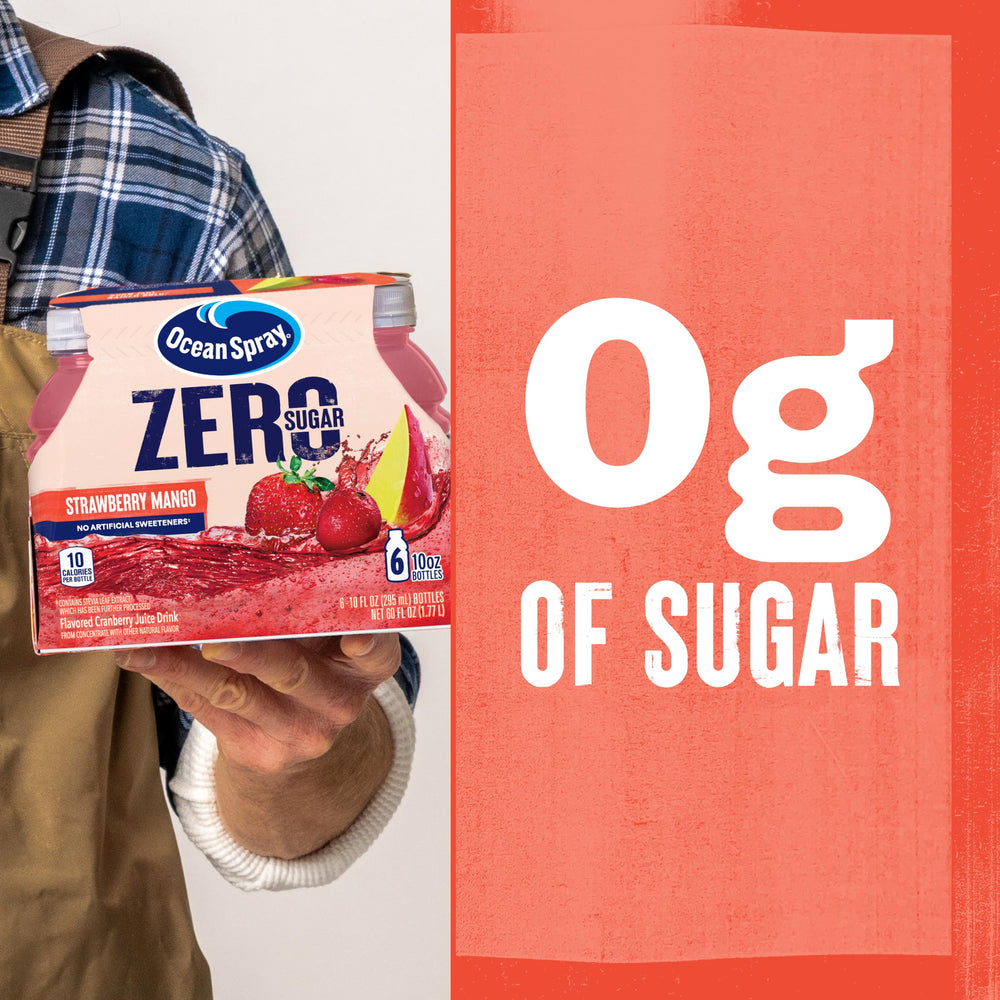 Ocean Spray ZERO Sugar Strawberry Mango packaging closeup emphasizes bold, fruit-forward flavor.