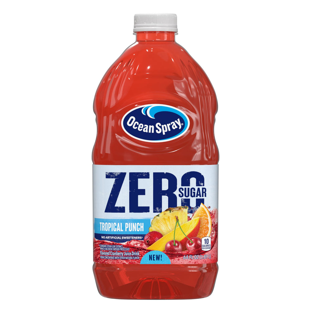Ocean Spray ZERO Sugar Tropical Punch bottle showcasing zero sugar content.