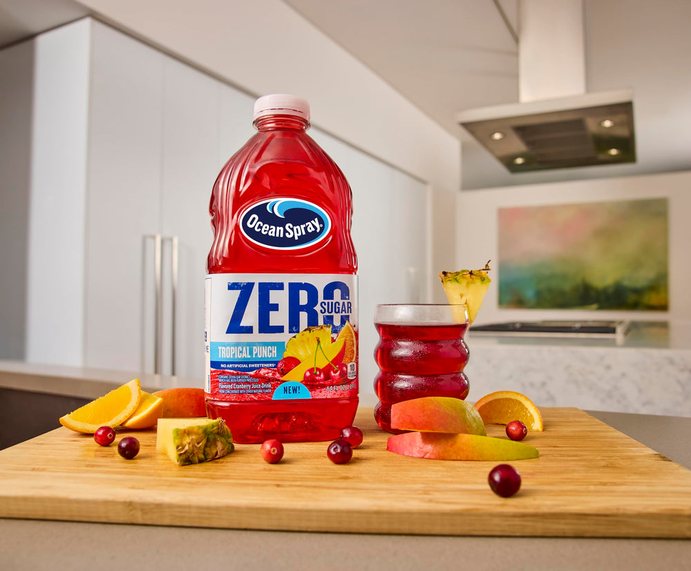 Ocean Spray ZERO Sugar Tropical Punch bottle perfect for family refreshment moments.