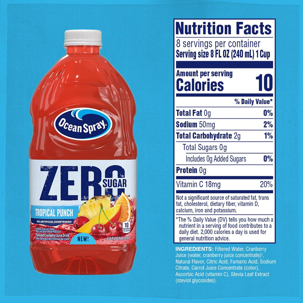 Ocean Spray ZERO Sugar Tropical Punch being poured into a glass for a refreshing sugar free twist.
