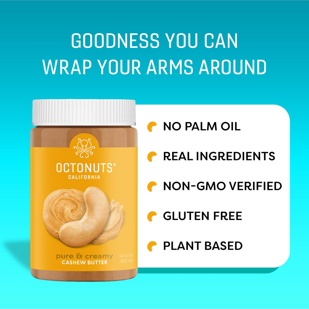 OCTONUTS cashew butter ingredient closeup shows premium dry-roasted cashews with no additives.