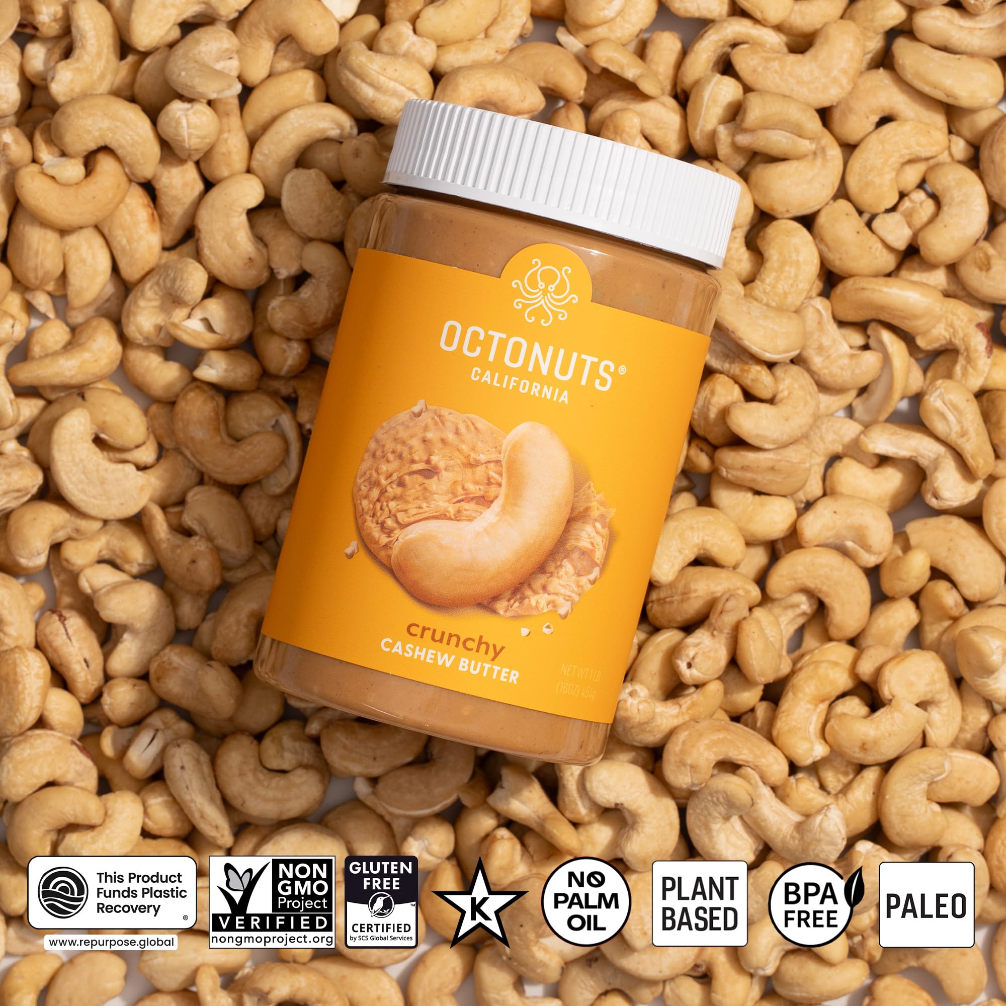 OCTONUTS Cashew Butter packshot in pantry emphasizing gluten-free vegan staple.