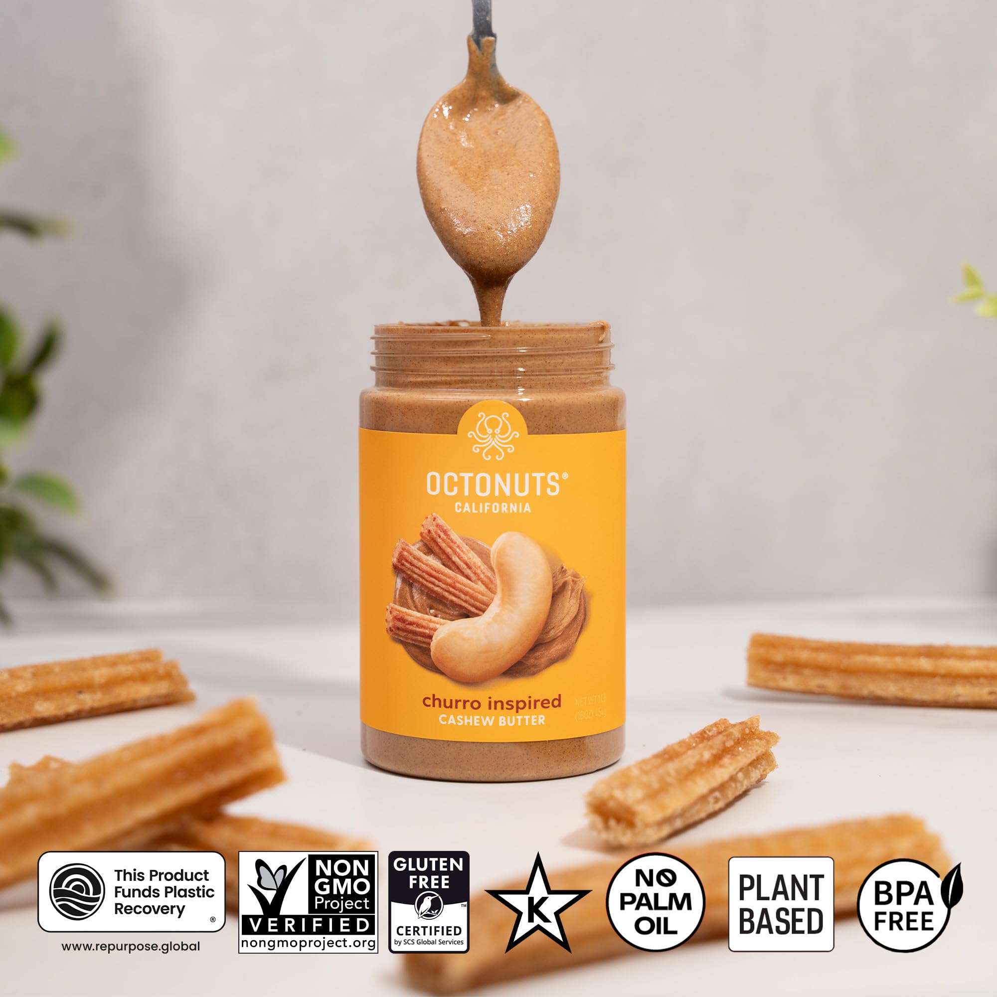 Octonuts Churro Cashew Butter produced in a peanut-free facility for peace of mind.