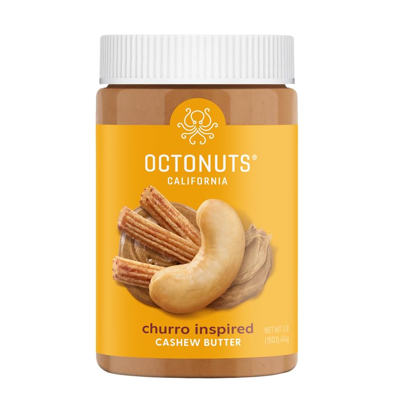 Octonuts Churro Cashew Butter jar—creamy texture for gluten-free snacking.
