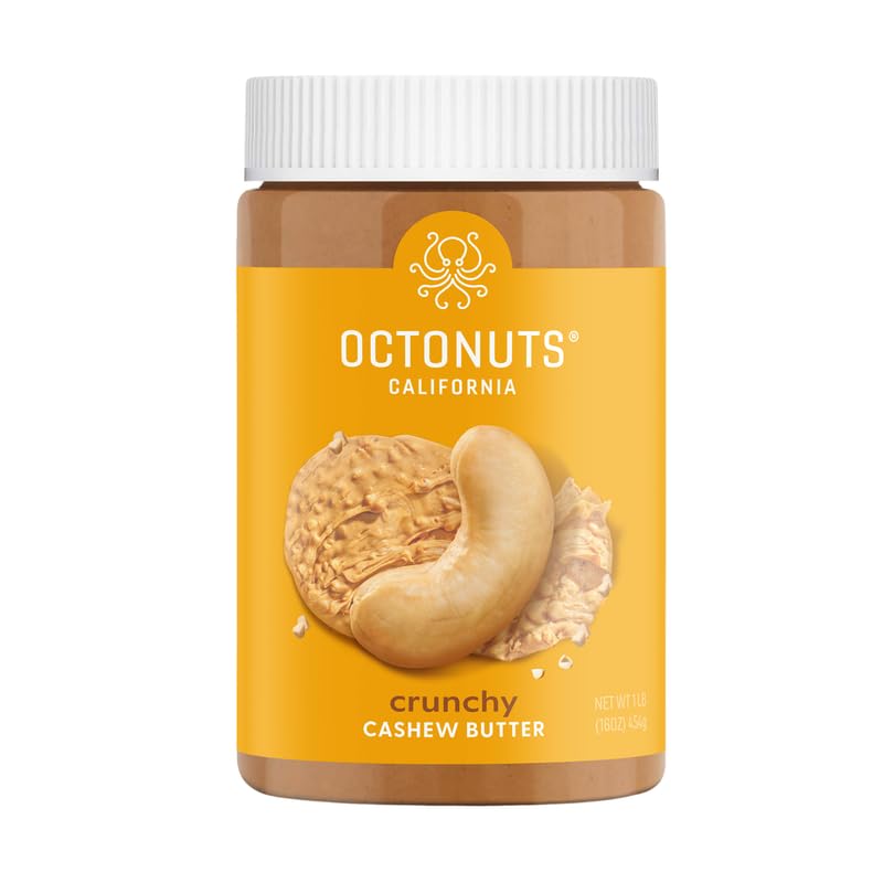 OCTONUTS Crunchy Cashew Butter jar closeup showing pure single-ingredient spread.