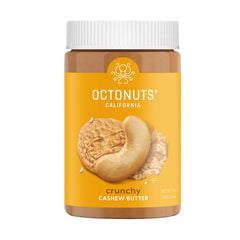 OCTONUTS Crunchy Cashew Butter jar closeup showing pure single-ingredient spread.