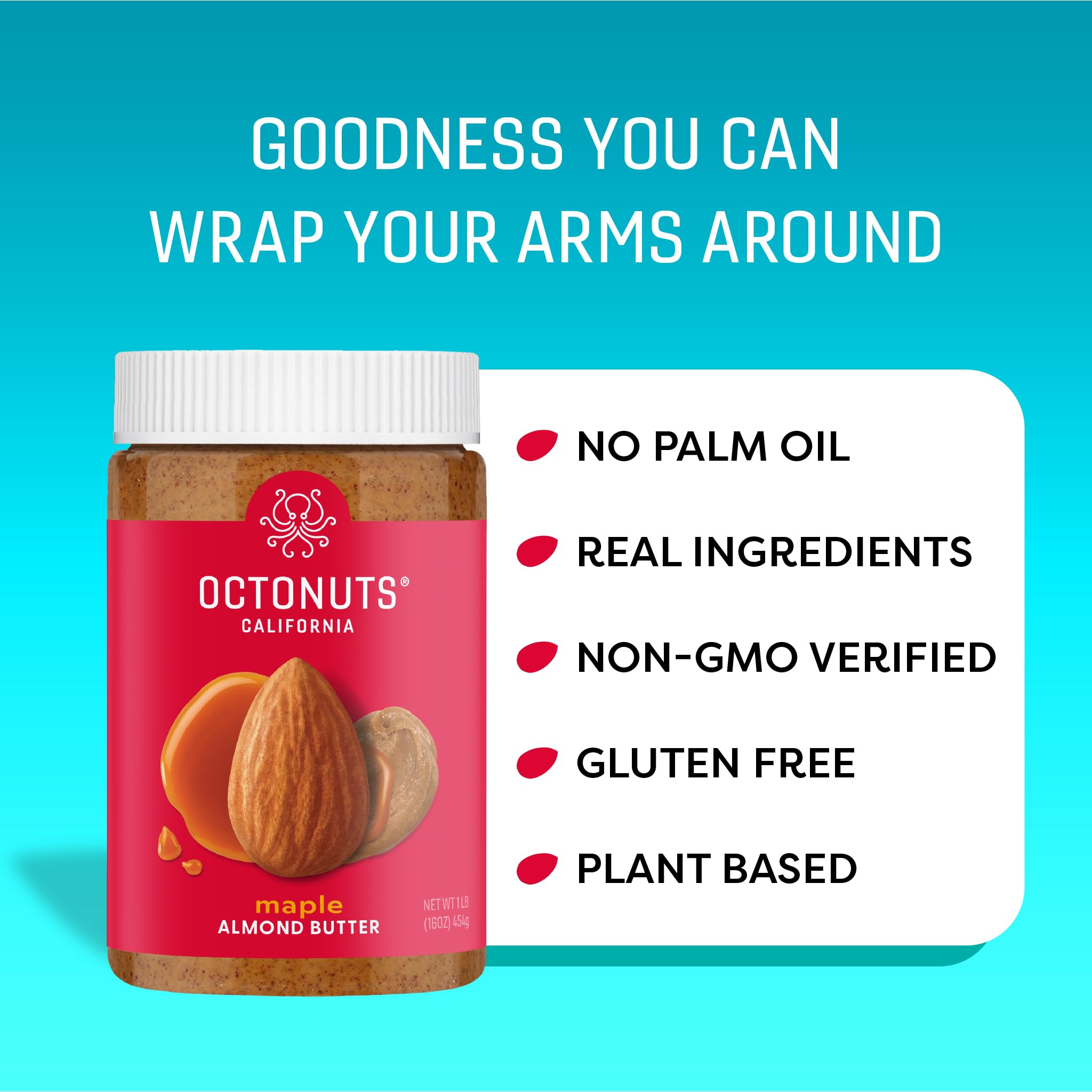 Octonuts maple almond nut butter ingredients badge emphasizes simple, natural components