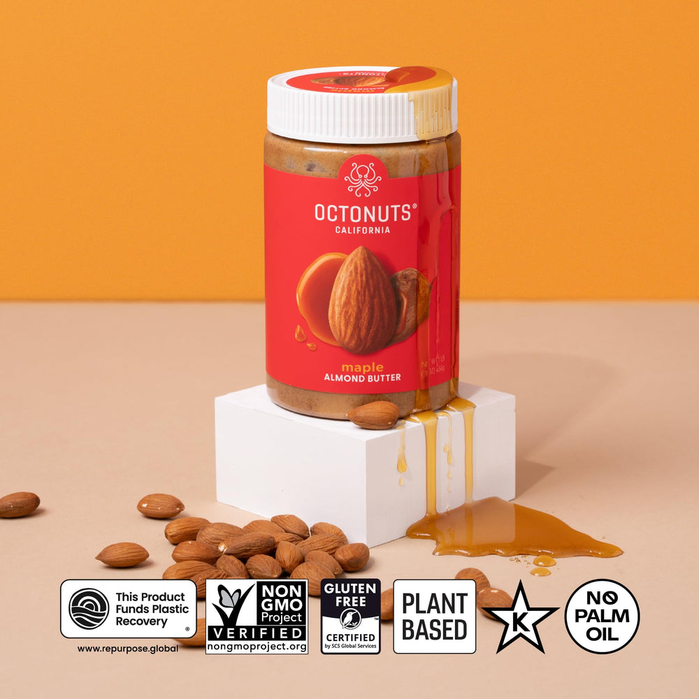 Octonuts maple almond nut butter nutrition label highlights protein and fats