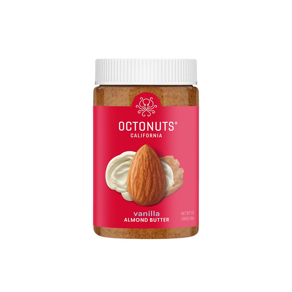 OCTONUTS Vanilla Almond Butter jar shows creamy, spreadable texture for easy snacking.