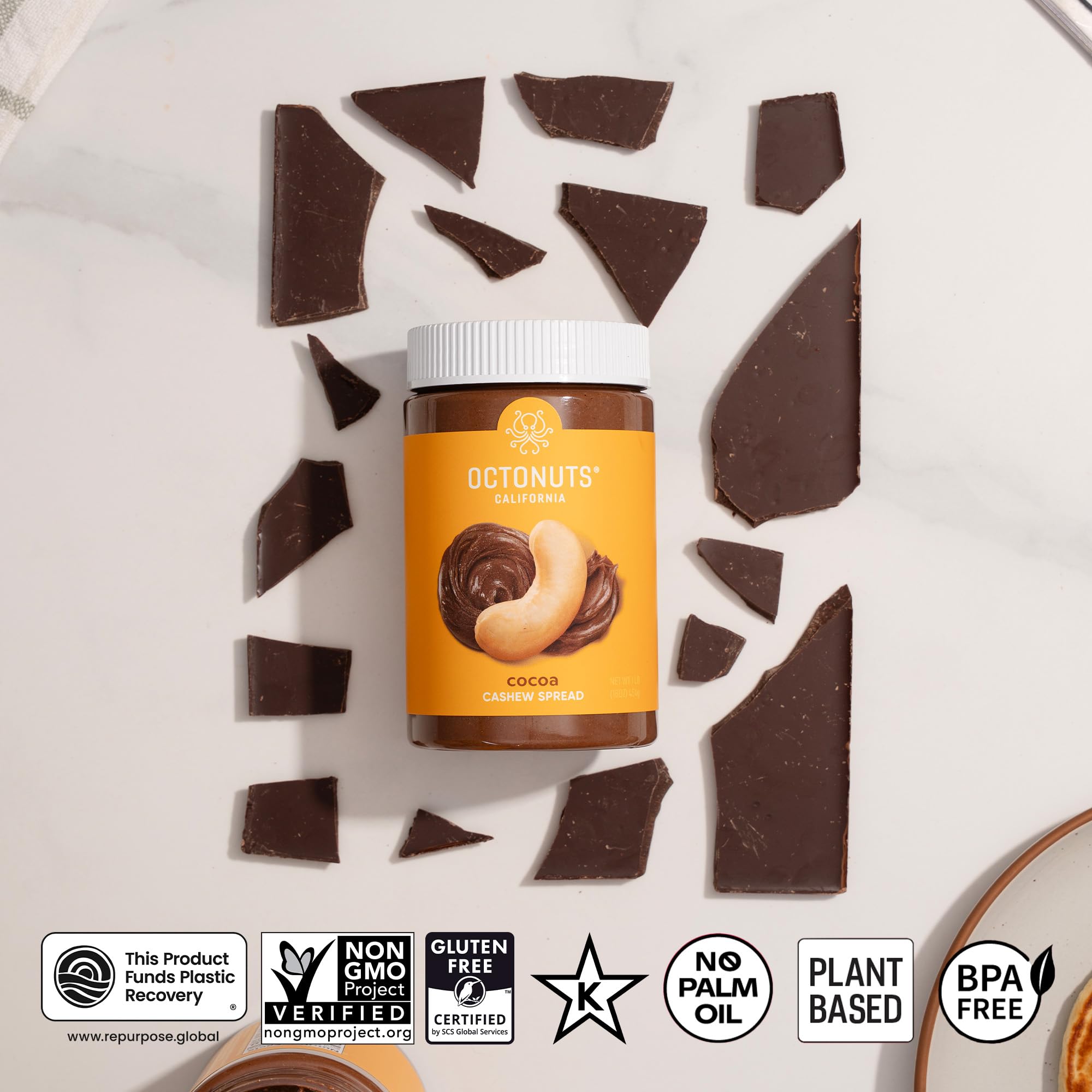 Octonuts vegan chocolate spread on pancakes, dairy-free delight.