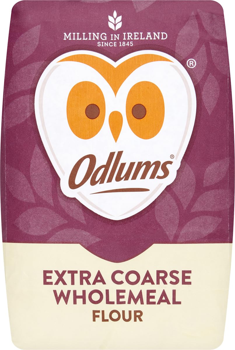 Odlums Wholemeal Extra Coarse Flour bag showing rustic texture ideal for wholesome bread and pastries.
