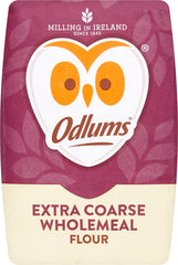 Odlums Wholemeal Extra Coarse Flour bag showing rustic texture ideal for wholesome bread and pastries.