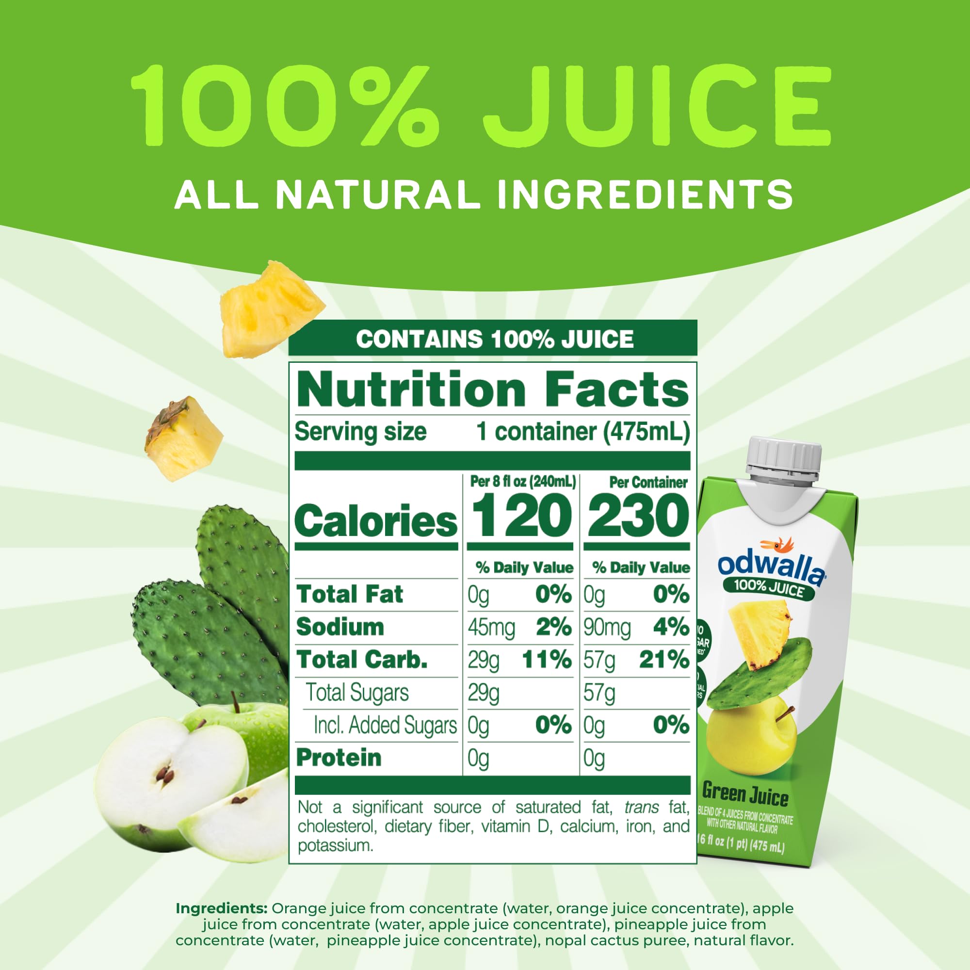 Odwalla Green Juice glass shows apple, orange, and pineapple flavors.