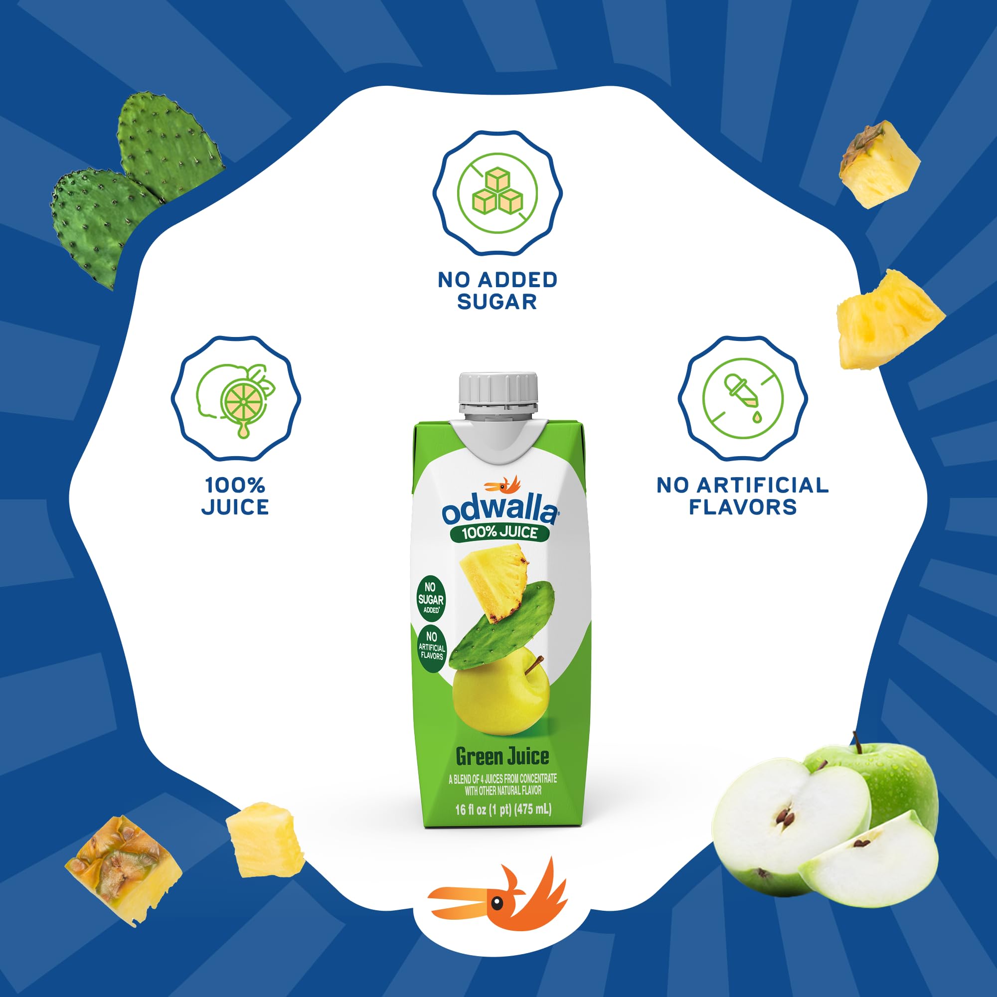 Odwalla carton packaging highlights recyclable design and eco-friendly packaging.