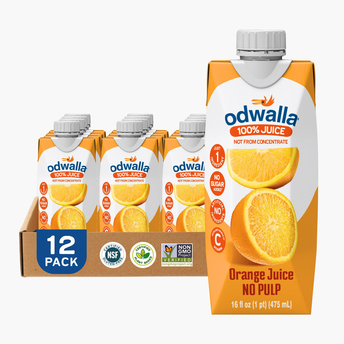 ODWALLA no-pulp orange juice bottle showing clear, fresh citrus flavor