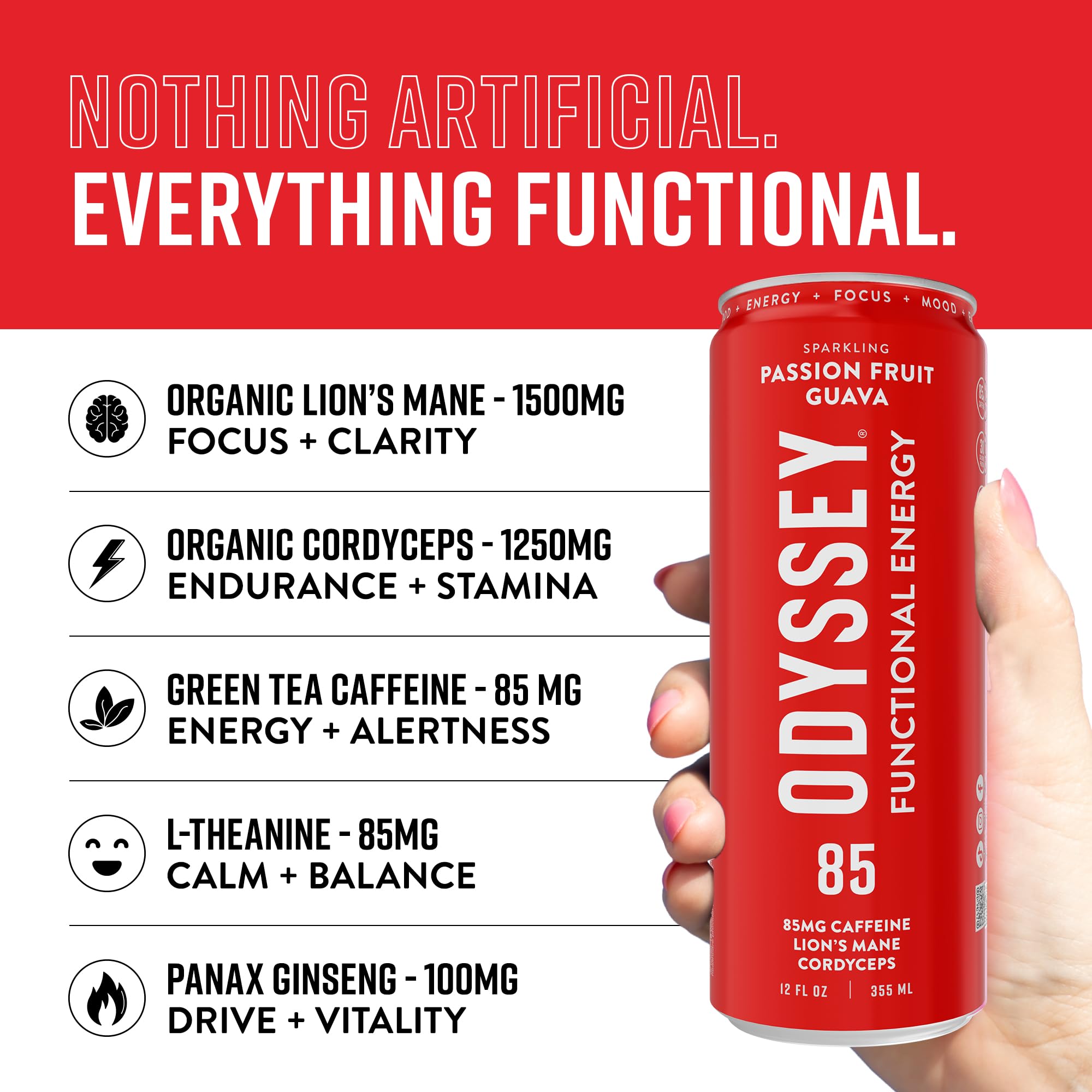 Odyssey Elixir bottle ingredients featuring Lion's Mane and Cordyceps for cognitive support