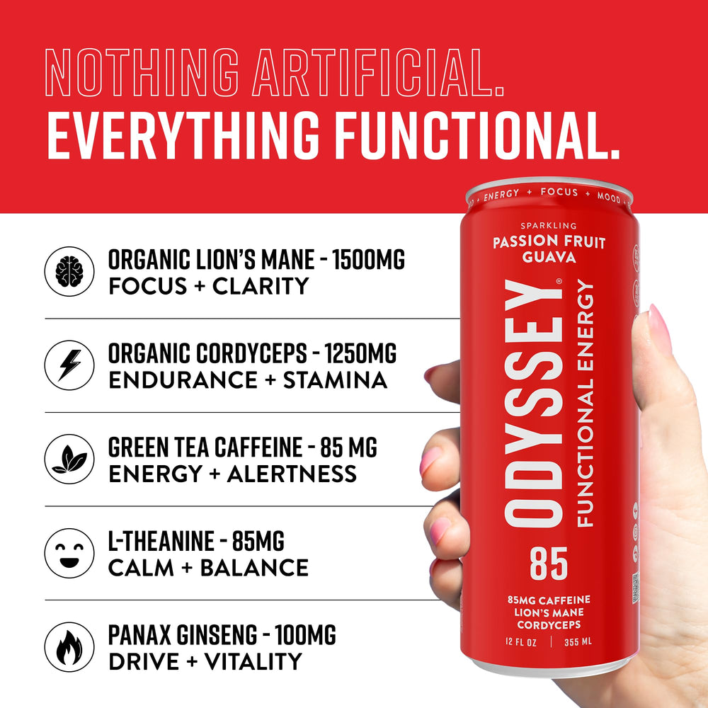 Odyssey Elixir bottle ingredients featuring Lion's Mane and Cordyceps for cognitive support