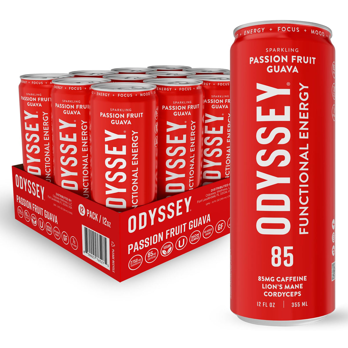 Odyssey Elixir can front label showing clean energy for focus and mood support