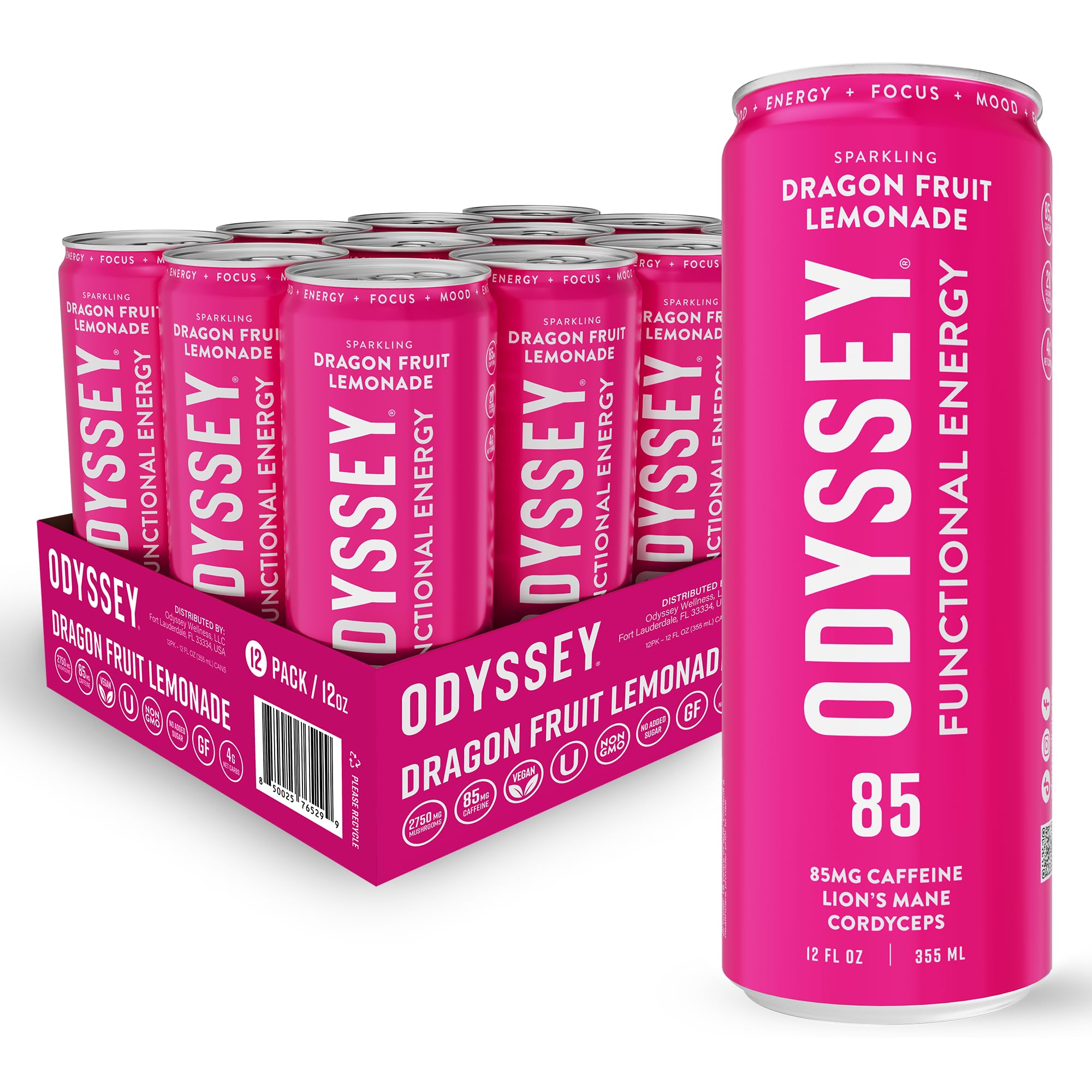 Odyssey Elixir cans lined up for a quick focus boost during a busy day.