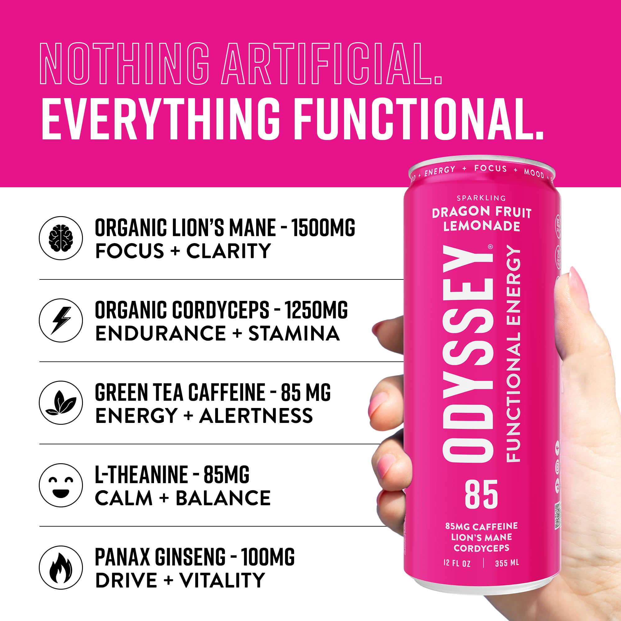 Odyssey Elixir dragon fruit lemonade glass showcases refreshing taste with sustained alertness.