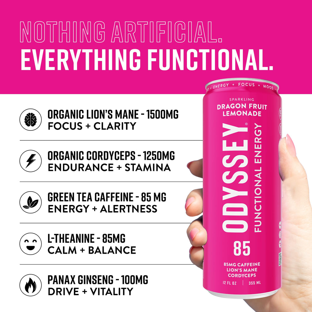 Odyssey Elixir dragon fruit lemonade glass showcases refreshing taste with sustained alertness.
