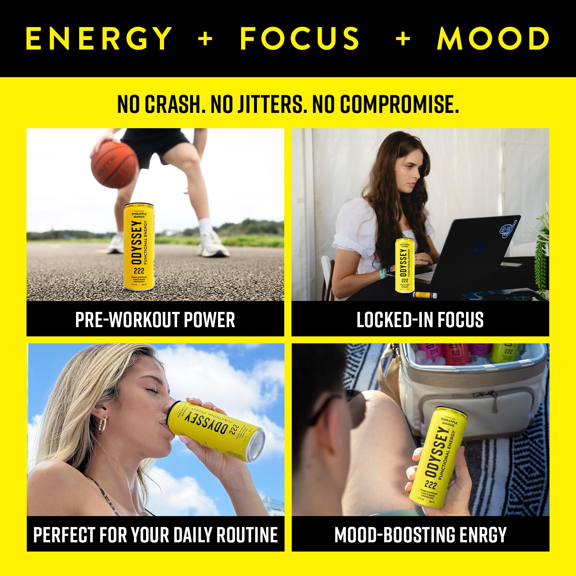 Odyssey Elixir energy and focus scene demonstrating productivity moment